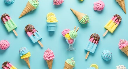 Colorful Ice Cream Assortment on Light Blue Background.