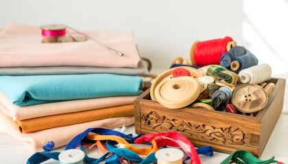 Sewing Supplies Arranged on a White Tablecloth with Wooden Box