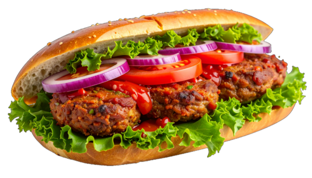 A close-up of a meatball sub featuring juicy meatballs, lettuce, tomato, red onion, and a sesame seed bun, drizzled with sauce.