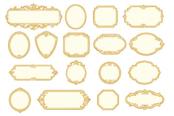 Set of golden vintage frames, labels, and badges. Elegant ornamental gold borders with classic rococo and baroque style flourishes. Retro decorative vector elements.