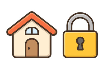 House security and home safety concept. Vector icon illustration of a simple cartoon house and padlock. For property protection, real estate, insurance, and smart home apps.