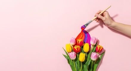 Colorful Paintbrush Strokes Above a Bouquet of Tulips on a Pink