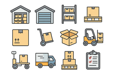 Logistics and shipping icon set. Warehouse storage, delivery service pictograms. Filled outline icons of forklift, truck, pallet, box for web design and graphic resources.