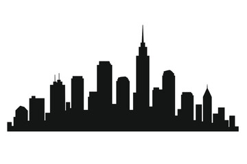 Naklejka premium City skyline silhouette vector. Panoramic cityscape landscape of a modern metropolis. Urban architecture with skyscrapers. Black building icons for graphic design template.