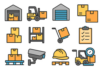 Warehouse logistics icon set. Vector collection of shipping, delivery, and storage symbols. Forklift, pallet, boxes, and checklist icons for web and graphic design.