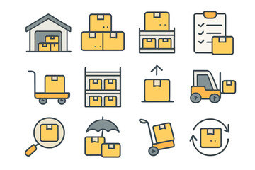 Logistics and delivery icon set. Warehouse, shipping, and cargo transportation concepts. Forklift, package, inventory, and storage symbols for web, apps and graphic design.