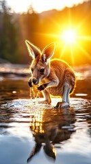 Red Kangaroo Joey Drinking at Sunset.