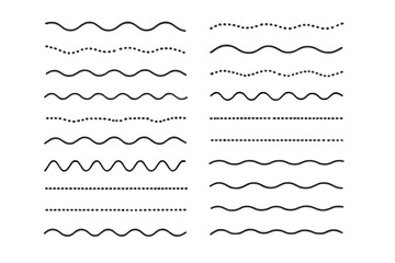 Obraz premium Wavy lines vector collection. Big set of zigzag, dotted, and wave line shapes. Graphic design dividers, borders, and underlines. Curve, squiggly, doodle stroke elements.