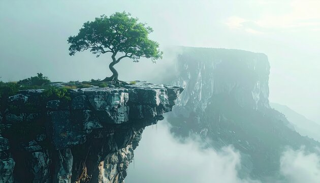 Solitary tree on cliff edge above misty valley - Powered by Adobe