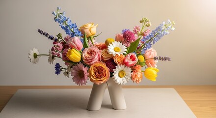 Colorful Spring Flower Bouquet in a Modern White Vase.
