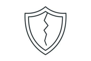 Cracked shield icon. Broken protection and security symbol. Unsafe, insecure, vulnerable concept. Data breach, cyber attack, risk, and failure metaphor. Vector line illustration.