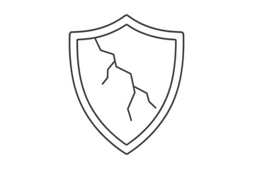 Broken shield line icon. Concept of vulnerability, insecurity, and risk. Unprotected, failed defense symbol. Data breach and cyber attack pictogram. Vector illustration.