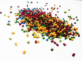 plastic masterbatch, colorful polymer masterbatch type cold cutting raw material granular, isolated on white background, for product catalog design of plastic manufacturing industry company profile