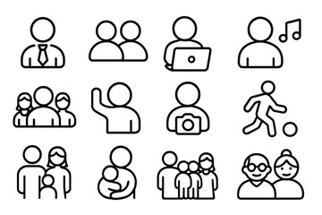 User Related Outline Icon Set. Vector Cartoon Symbols of Staff, People, Work, Hobbies, Family with Various Activities for Web Design, Graphic Projects, Cards, Articles, and Books.