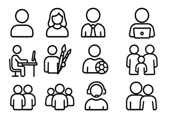 User Related Outline Symbol Set with Icons of Staff, People, Work, Hobbies, Family, and Activities for Graphic Design, Web, Cards, Books, Articles, Vector Cartoon
