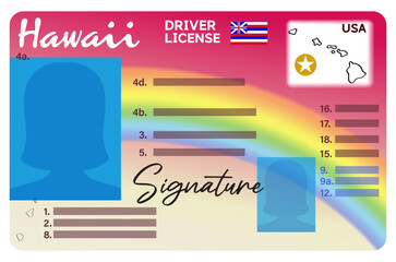 Hawaii driver license with female silhouette isolated on white background. Person driver license.