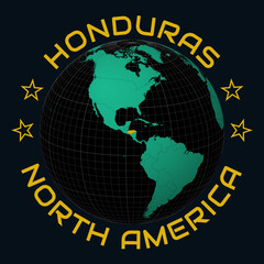 Republic of Honduras on Globe. Round country and continent name text. Country view on world map in Black Emerald color palette. Honduras shape on map. Captivating vector illustration.