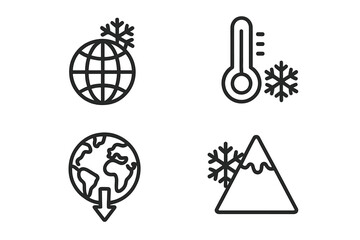 Obraz premium Global cooling and ice age icon set. Climate change concept with planet earth, snowflake, and cold thermometer symbols. Outline vector illustration for weather and environment.