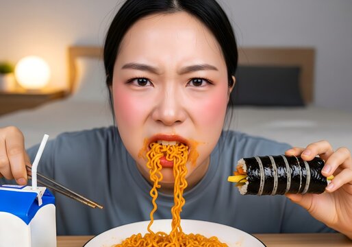 Young Korean woman eating spicy ramyeon noodles and kimbap for mukbang show