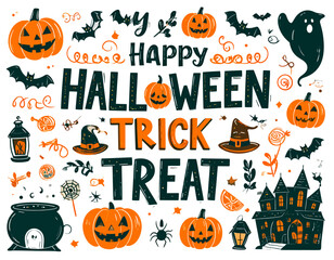 Happy Halloween Trick or Treat Design Pumpkins, Bats, and Spooky Elements