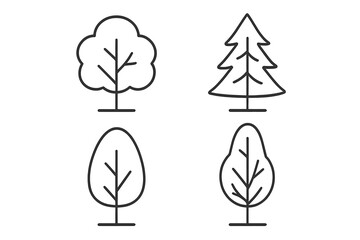 Simple linear tree outline collection with editable stroke, forest icons set for web design, apps, books, cards, vector cartoon illustrations, transparent background