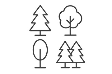Minimalist tree icons set for web, books, cards, and apps. Vector forest illustrations with transparent background. Simple nature symbols, pine, leafy, stylized, evergreen oak designs.