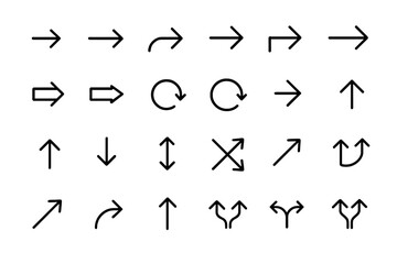 Set of 24 arrow icons in a simple thin line style. A collection of vector pointers for web design, UI, UX, and infographics. Navigation symbols like up, down, next, and refresh.