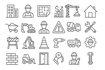 Set of 24 construction web icons in thin line style. Building industry pictogram collection. Includes engineer, crane, excavator, tools, worker, truck and house vector.