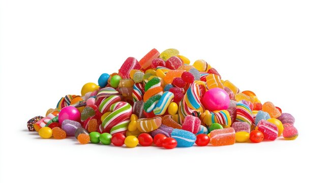 Colorful candy pile against white background