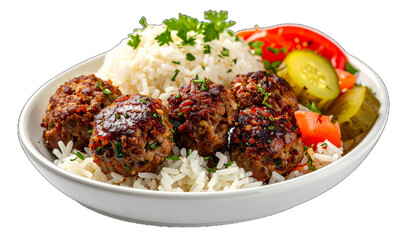 A bowl of meatballs served over rice, garnished with parsley, tomatoes, and pickles, creating a flavorful and colorful dish.