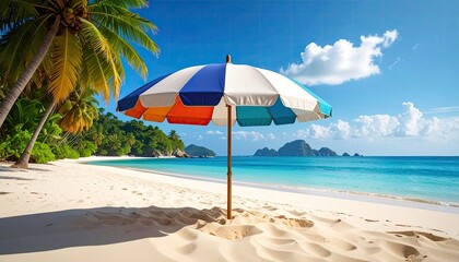 Tropical Paradise Beach with White Sand Turquoise Water and Palm Trees Under Sunny Blue Sky Featuring a Colorful Beach Umbrella for Shade
