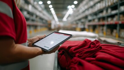 Medium shot capturing a warehouse worker managing clothing stock updates using AI software on a tablet with the environment out of focus to highlight the digital interface. - Powered by Adobe