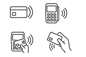 Set of NFC payment linear icons. Contactless transaction with credit card and POS terminal. Wireless pay pass technology for customer payment. Vector line icon collection.