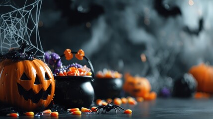 Spooky Halloween Scene with Decorative Pumpkins, Candy, Cobwebs, and Spiders on a Dark Background for Festive Celebrations
