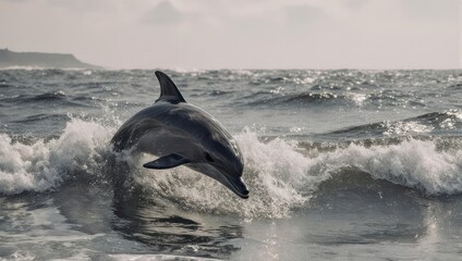 Fototapeta premium A dolphin leaps gracefully out of a choppy ocean