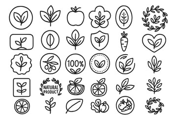 Set of vegan food line icons. Collection of bio, organic, and eco symbols. Healthy and 100% natural product labels, badges, and logos for vegetarian packaging or cafe branding.