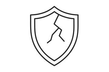 Cracked shield line icon. Broken security symbol. Data breach metaphor. Unprotected, unsafe, vulnerability concept. Damaged guard. Risk, danger pictogram. Security failure.