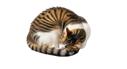 A curled up tabby cat sleeping peacefully on a greenscreen background.