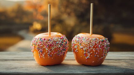 Sweet and Colorful Candy Apples with Sprinkles Displayed on a Rustic Wooden Table in a Beautiful Outdoor Setting