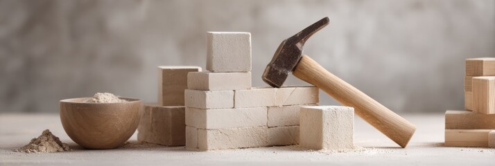 Construction Tools and Materials Arranged on a Work Surface With a Hammer Ready for Building Activities