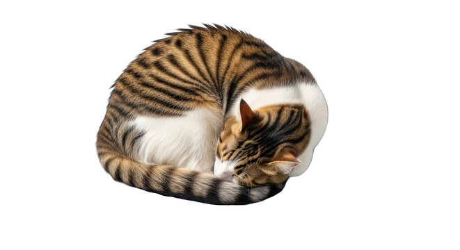 A curled up tabby cat sleeping peacefully on a greenscreen background.