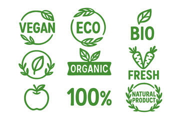Set of vegan, eco, bio, and organic food labels. Collection of green logos, badges, and emblems for natural products. Healthy, fresh, and 100% natural food packaging icons.