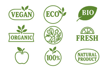 Set of vegan, eco, bio, and organic food labels. Collection of green logos and badges for fresh, healthy, 100% natural products. Vector icon emblems for food packaging.