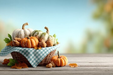 Cozy Autumn Basket with Fresh Pumpkins and Leaves on Wooden Table with Blue Sky Background for Seasonal Decor and Harvest Themes