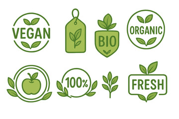 Vegan, bio, organic and fresh food label set. 100% natural product logo collection. Healthy, eco friendly food packaging badge, tag, sticker and icon. Green leaf vector emblem.