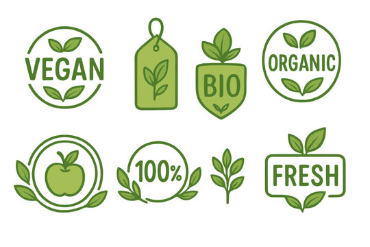 Vegan, bio, organic and fresh food label set. 100% natural product logo collection. Healthy, eco friendly food packaging badge, tag, sticker and icon. Green leaf vector emblem.