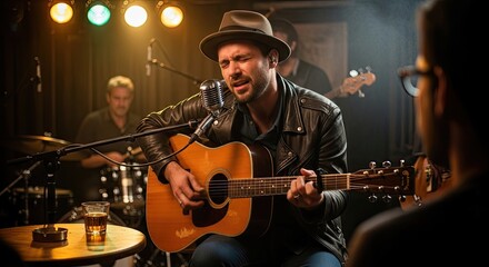 Obraz premium A man in a black leather jacket and hat playing an acoustic guitar in a dimly lit, intimate music venue with a microphone in front of him.