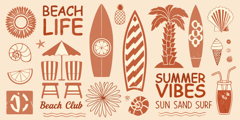 Beach life summer vibes sun sand surf collection with surfboards palm tree and beach chairs