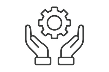 Gear and cogwheel held by hands icon, thin line technology symbol, mechanical engineering concept, maintenance protection service, vector cartoon illustration design