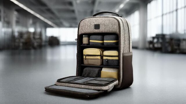 Stylish camera bag backpack displayed open to reveal organized storage pockets and flexible dividers set against a blurred indoor studio environment.